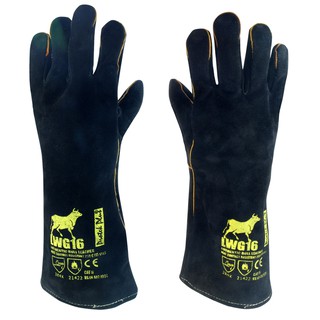 LWG16 BLACK ถุงมือหนัง กันความร้อน ซับรอบ ยาว16 นิ้ว มีไส้ตะเข็บ สีดำ (1คู่)
