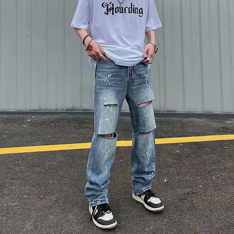 ภาพหน้าปกสินค้ากางเกงยีนส์ผู้ชายทรงกระบอก double cut jeans กางเกงยีนส์มินิมอล ขาดเข่า เกาหลี y2k มาใหม่