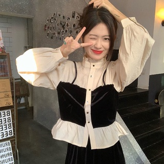 พร้อมส่ง🔥 เสื้อเชิ้ตแขนยาวเย็บสไตล์เกาหลี Retro หลวมคอตั้งสลิมมิ่งเสื้อสไตล์วิทยาลัยเสื้อเชิ้ตน่ารัก