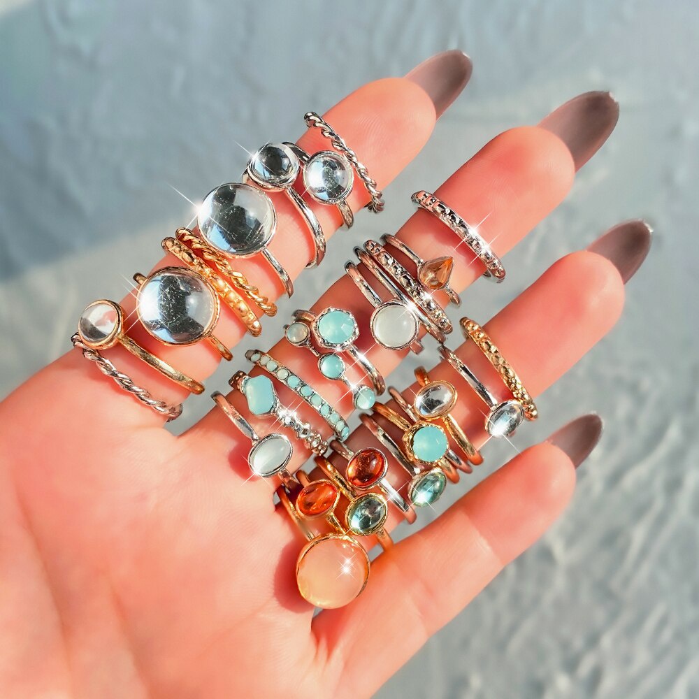 8pcs/set Vintage Colorful Stone Metallic Chain Trendy Geometry Hit ...
