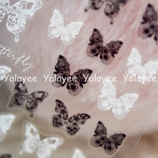 Ya Yalayee [สติกเกอร์ติดเล็บ] สติกเกอร์ลูกไม้ บางพิเศษ ลายผีเสื้อ สีดํา สีขาว สไตล์ญี่ปุ่น ระดับไฮเอนด์