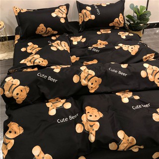 การ์ตูนยิงหมีชุดสี่ชิ้นเกาหลี ins เรียบง่ายสีดำผ้านวมคลุมผ้าปูที่นอนหอพักชุดสามชิ้น 4