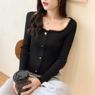 เสื้อกันหนาวแขนยาว คอสี่เหลี่ยม ผ้าถัก แต่งลูกไม้ ขนาดเล็ก แฟชั่นสําหรับผู้หญิง