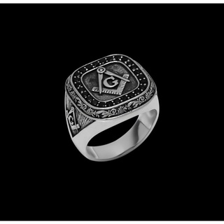 แหวนเงินแท้ 92.5 ลาย Masonic ล้อมด้วยเพชรดำรัสเซีย Silver Masonic Ring Surrounded by Black CZ