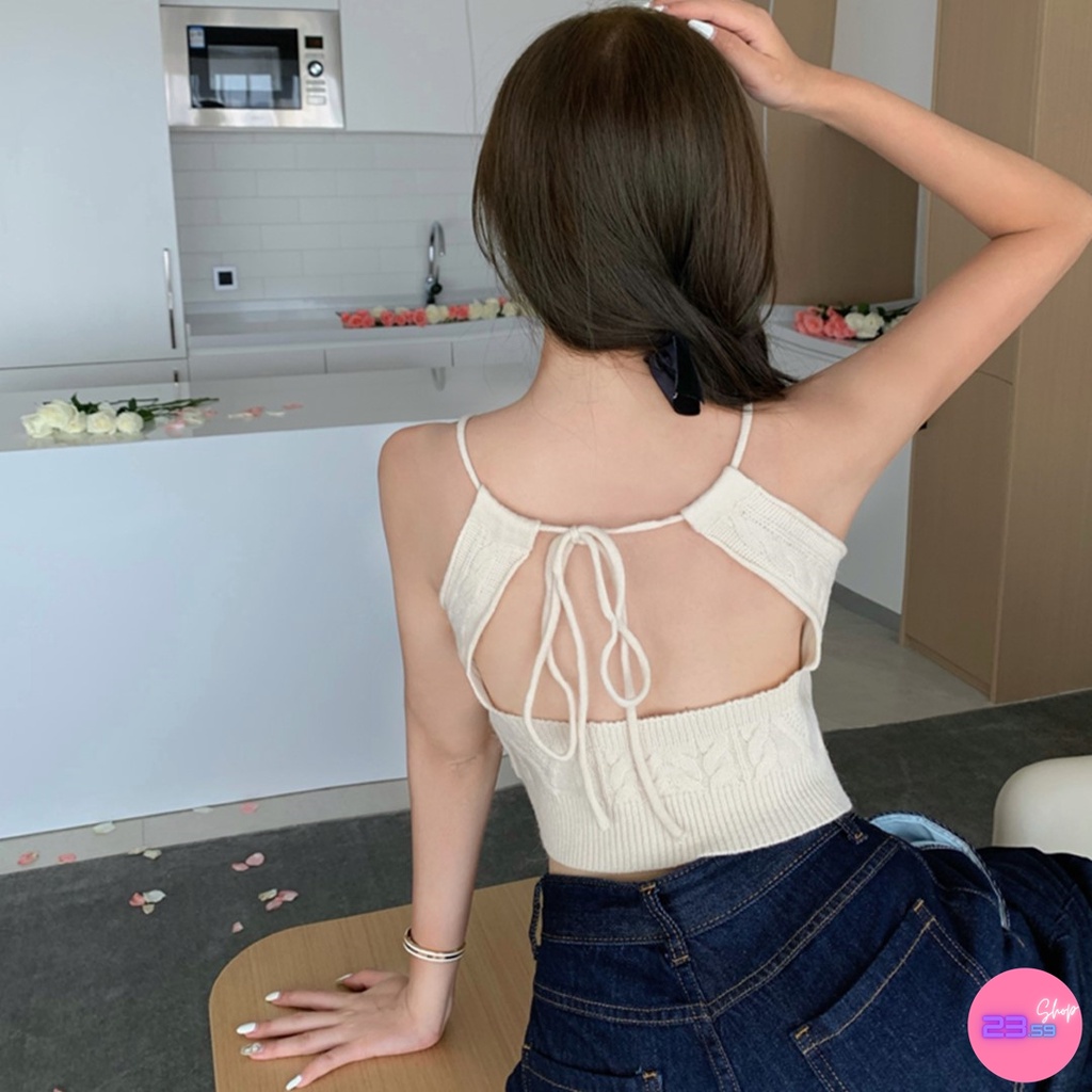 sale80-เสื้อครอปทรงสายเดี่ยวผูกด้านหลัง-ถักลายเกลียว