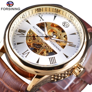 Forsining Mens Watches Fashion White Golden Skeleton Dial Brown Genuine Leather Strap Mechanical Wrist Watches Men Cloc