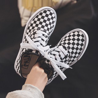 รองเท้าผ้าใบนักเรียนหญิงเกาหลีรุ่นป่า Harajuku ulzzang ลายสก๊อตสีดำและสีขาวย้อนยุคสไตล์พอร์ตรองเท้าส้นแบนเทรนด์