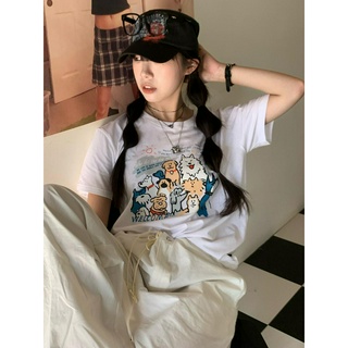 51282 เสื้อยืดคอกลม แขนสั้น พิมพ์ลายลูกสุนัข แบบสวมหัว ทรงหลวม สําหรับผู้หญิง