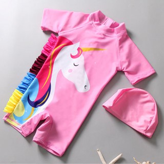 (ลดราคา⚡️) สินค้าพร้อมส่ง ชุดว่ายน้ำเด็กหญิง บอดี้สูท สีชมพู ยูนิคอร์น พร้อมหมวก(1-5ขวบ)