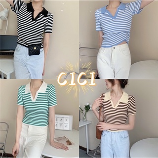 สินค้า Cici(NO.C481)เสื้อไหมพรมแขนสั้นคอปกลาย strip ทรงฮิตแมทช์ได้กับทุกกางเกง