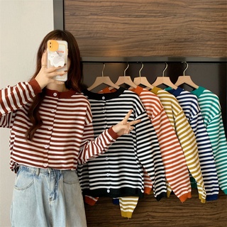 เสื้อคาร์ดิแกน ผ้าถัก 171718แถบสีตัดกัน เข้ากับทุกการแต่งกาย แฟชั่นฤดูใบไม้ร่วง สไตล์ใหม่