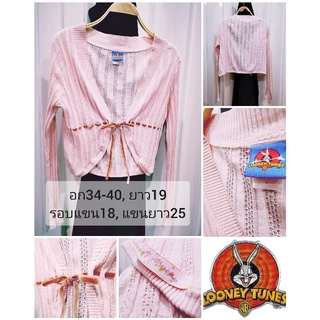 🌷เสื้อ​คลุม​ Knit​ cardigan ​​แบรนด์แท้💯 LOONEY TUNES สีชมพู​ 🎀 พร้อมโบว์กำมะหยี่​ (size L)​