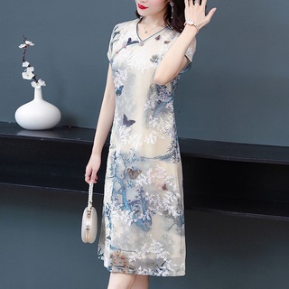 ชุดเดรส   ;ชุดกระโปรง◐◑แม่วัยกลางคนชุดฤดูร้อนปรับปรุงชุด cheongsam อารมณ์โนเบิลกระโปรง ผู้หญิงวัยกลางคนและผู้สูงอายุกระโ