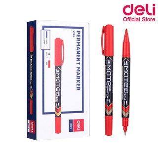 Deli U10440 Marker Pen  ปากกามาร์คเกอร์ สำหรับเขียนซองพลาสติก เขียนแผ่นซีดี โมเดล แบบ 2 หัว สีแดง (แพ็คกล่อง 12 แท่ง)