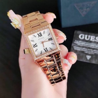(ผ่อน0%) นาฬิกา Guess Crystals Rose Gold Stainless Steel Bracelet หน้าปัดสี่เหลี่ยม ล้อมคริสตัล 28 mm. สแตนเลสสีโรสโกลด์