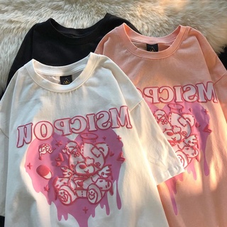 สไตล์ญี่ปุ่นหวานการ์ตูนหมีน่ารักพิมพ์หลวมแขนสั้นเสื้อยืด