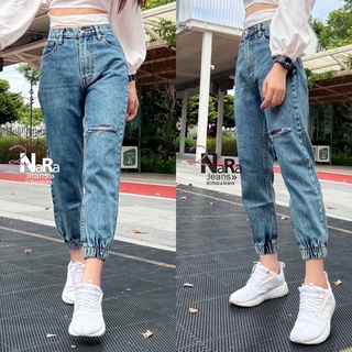 2NaraJeans ยีนส์ทรงบอยเฟรน วินเทจสไตล์ ขาดเข่า เอวสูง ผ้ายีนส์ไม่ยืด ปลายขาจั๊ม สียีนส์ฟอก