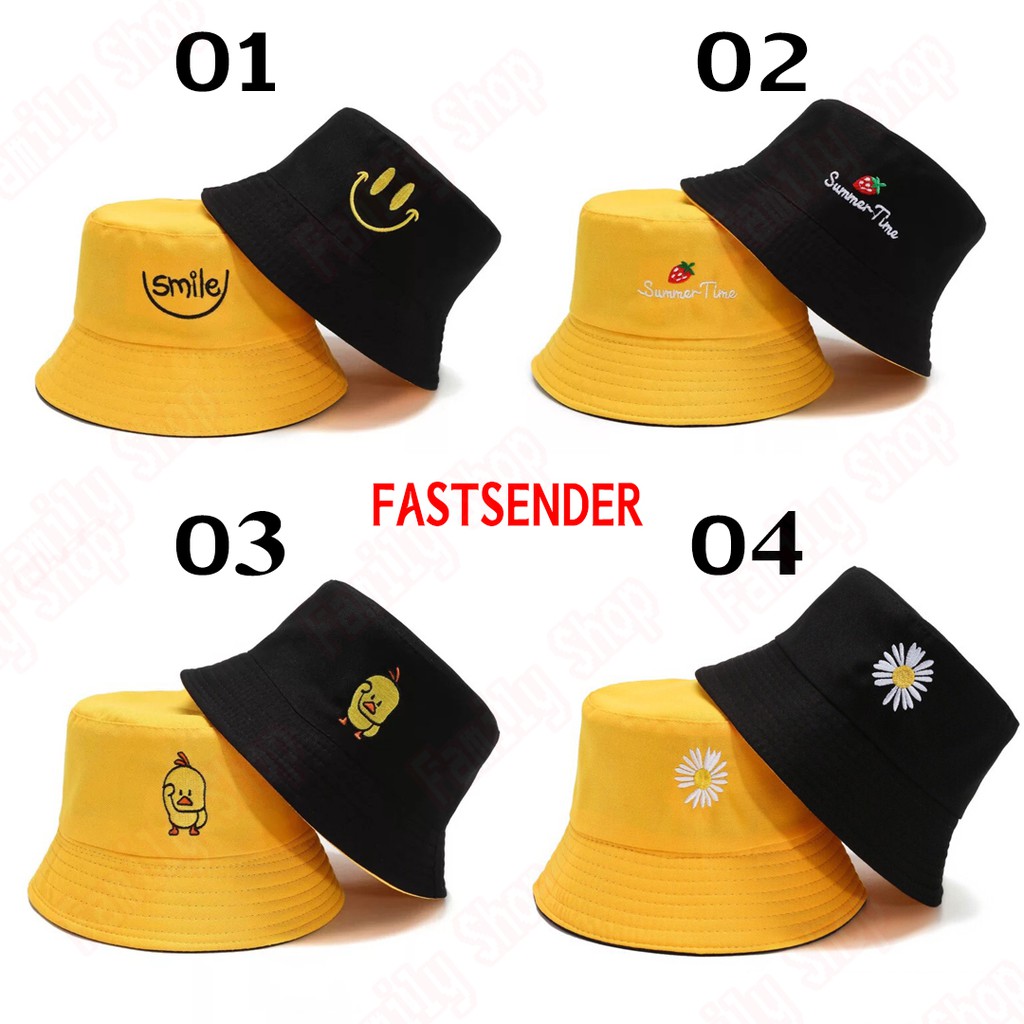 หมวกบักเก็ต-หมวกปักลายsmile-ใส่ได้2ด้าน-by-fastsender