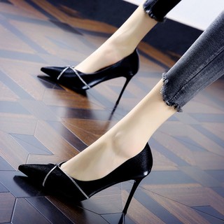 ยุโรปและอเมริกาอารมณ์ rhinestone ซาตินชี้รองเท้าส้นสูงของผู้หญิง รองเท้าหัวแหลมชี้ ส้นกริชเซ็กซี่