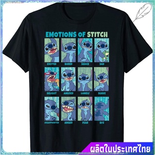 เสื้อยืดสีดำอินเทรนด์สินค้าเฉพาะจุด เสื้อยืดแขนสั้น Disney Lilo &amp; Stitch Emotions Of Stitch Panels T-Shirt Short sleeve