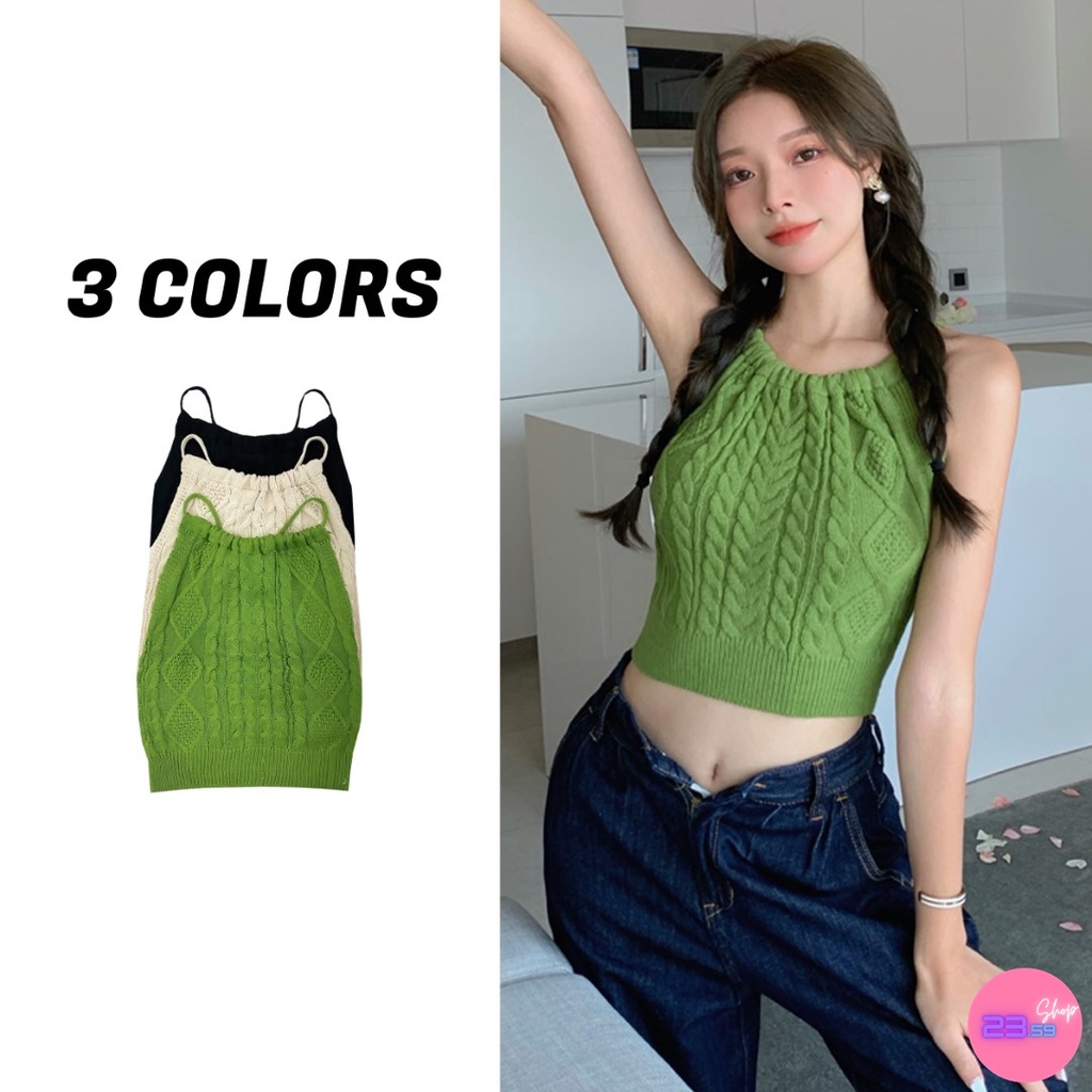 sale80-เสื้อครอปทรงสายเดี่ยวผูกด้านหลัง-ถักลายเกลียว