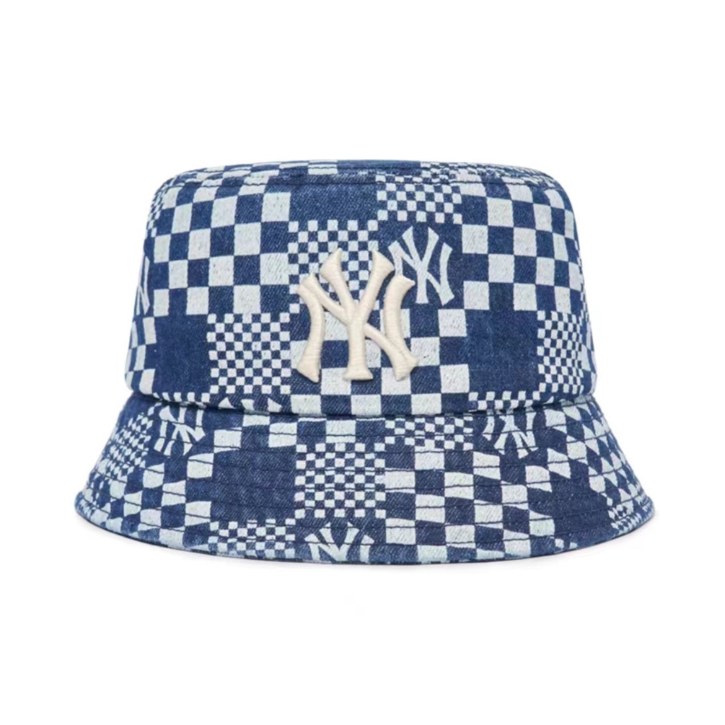 พร้อมส่ง-ของแท้-หมวกmlb-หมวกทรงบัคเก็ต-checkerboard-denim-buckket-hat-หมวกny-รุ่นใหม่