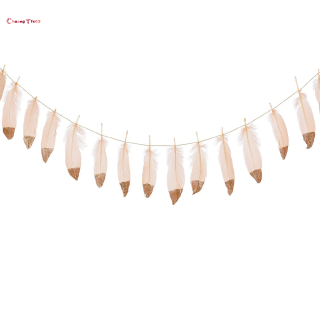 Feather Garland Rose Gold Glitter Dipped Soft Feather Banner for Bedroom Bohemian Teepee Decorations Boho Theme Wedding Bridal Baby Shower Deco Pink