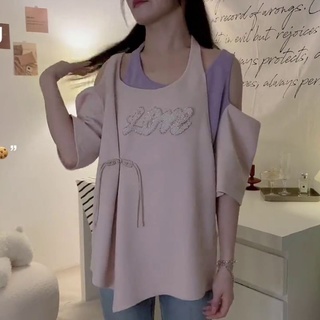 💞Tens💞เสื้อยืดสาวเกาหลี ปักตัวอักษร สีตัดกัน เย็บปลอม สอง หลวม แขนสั้น T-shirt