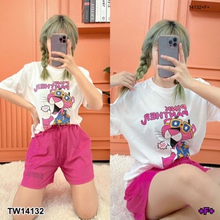 TW14132 ชุดเซ็ท ได้2ชิ้น กางเกงขาสั้นสีชมพู เสื้อยืดสีขาว แขนสั้น ลายการ์ตูน มาใหม่