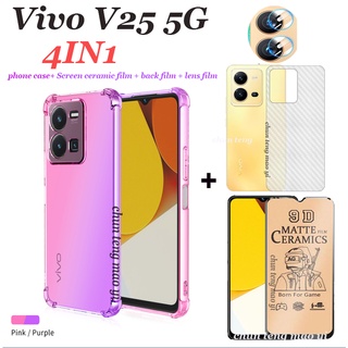 (4IN1) เคสโทรศัพท์มือถือ ฟิล์มเซรามิคนิ่ม กันกระแทกสี่มุม ฟิล์มคาร์บอนไฟเบอร์ ฟิล์มเลนส์ สําหรับ vivo V25 5G V25e V27e V23 5G V23E V21 V20 V20pro