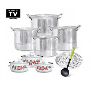 👍Stew Stainless Set 2in1 ชุดหม้อสตูว์ทรงสูง พร้อมแผ่นรองนึ่ง 4 ใบ + หม้ออินาเมล 3 ใบ + กระบวยไนล่อน