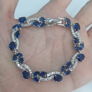 สร้อยข้อมือแฟชั่นผู้หญิงแบบเพชรคู่ขั้นพลอยสีแบบสวยงามชุบทองคำขาว ราคาพิเศษ