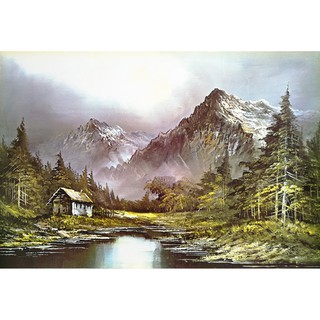 โปสเตอร์ ภาพวาด สีน้ำมัน ภูเขาหิมะ ป่าสน ลำธาร Landscapes Nature Painting POSTER 20”x30” Inch Mountain Forest Stream