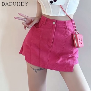 สินค้า DaDuHey💕 ฤดูร้อนของผู้หญิง ยีนส์ขนาดบวก Y2K กระโปรง กุหลาบแดง  เอวสูง  กระเป๋าคาดเอว สีทึบ กางเกงทรงเอแบบเปิดเผย