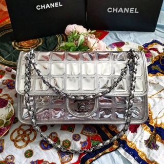 Limited​ EditionCHANEL CC Turnlock ICE Cube Silver Leather Vinyl Large Shoulder Flap Double Chain Bag Purse Crossbody​
