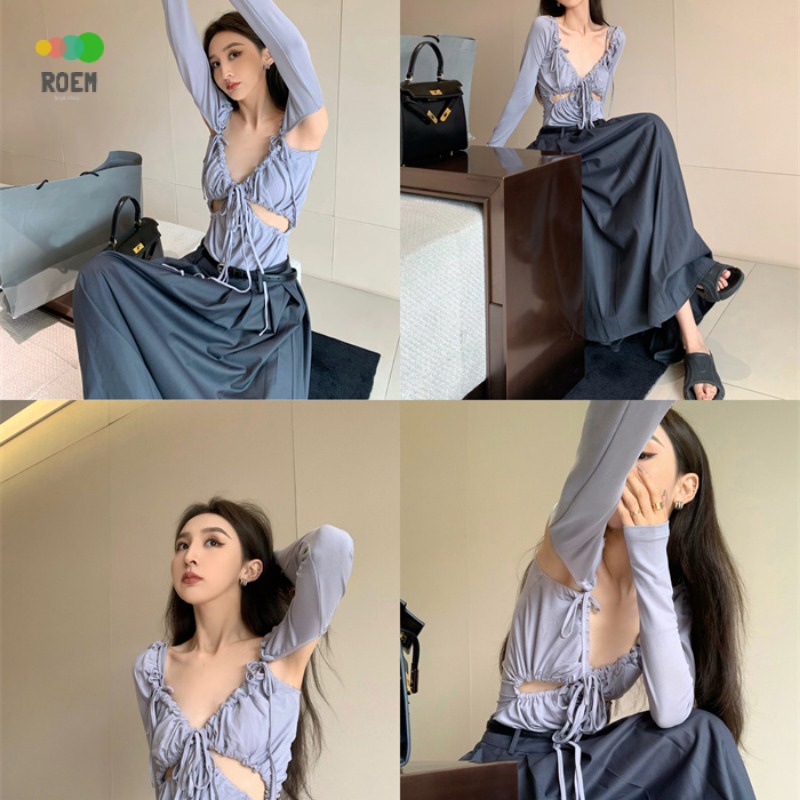 nini-autumn-new-product-new-hot-girl-slim-fit-korean-style-slimming-sexy-long-sleeved-top-pleated-strap-t-shirt-v-neck-inner-match