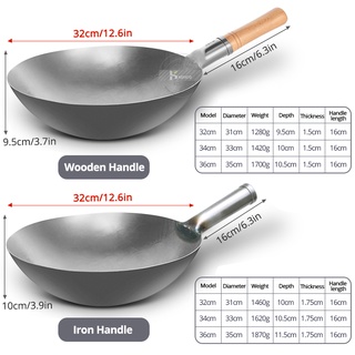 ⊙✴Konco Iron Wok Traditional Hand Hammered Iron Wok,Chinese Cooking Pot General Use for Gas and Induction Cooker