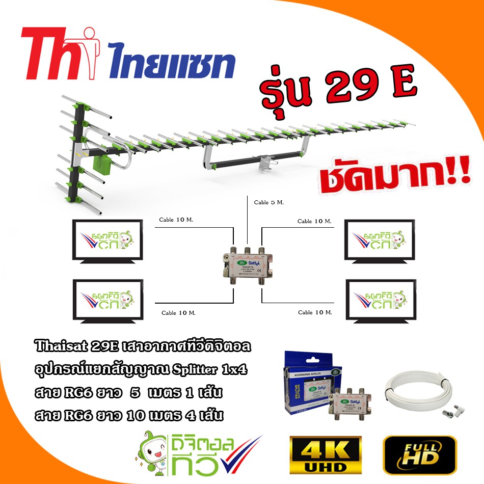 thaisat-29e-เสาอากาศทีวีดิจิตอลพร้อมอุปกรณ์แยกสัญญาณ-splitter-1x4-สาย-rg6-5m-x1-10m-x4