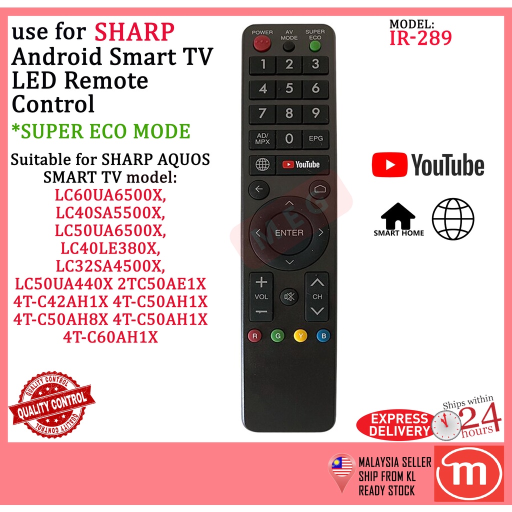 sharp-aquos-สมาร์ททีวี-แอนดรอยด์-รีโมตคอนโทรล-เปลี่ยนทดแทนด้วย-youtube-super-eco-mode-amp-browser-ir-289