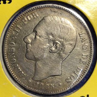 เหรียญเงิน#14786 ปี1885 สเปน 5 PESETAS เดิมๆ เหรียญสะสม เหรียญต่างประเทศ เหรียญหายาก