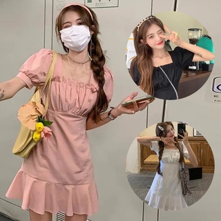 Cckoss พร้อมส่ง New!!ชุดเดรสกระโปรงสั้น French Style ชุดเดรสคอเหลี่ยมแขนตุ๊กตา พร้อมส่ง