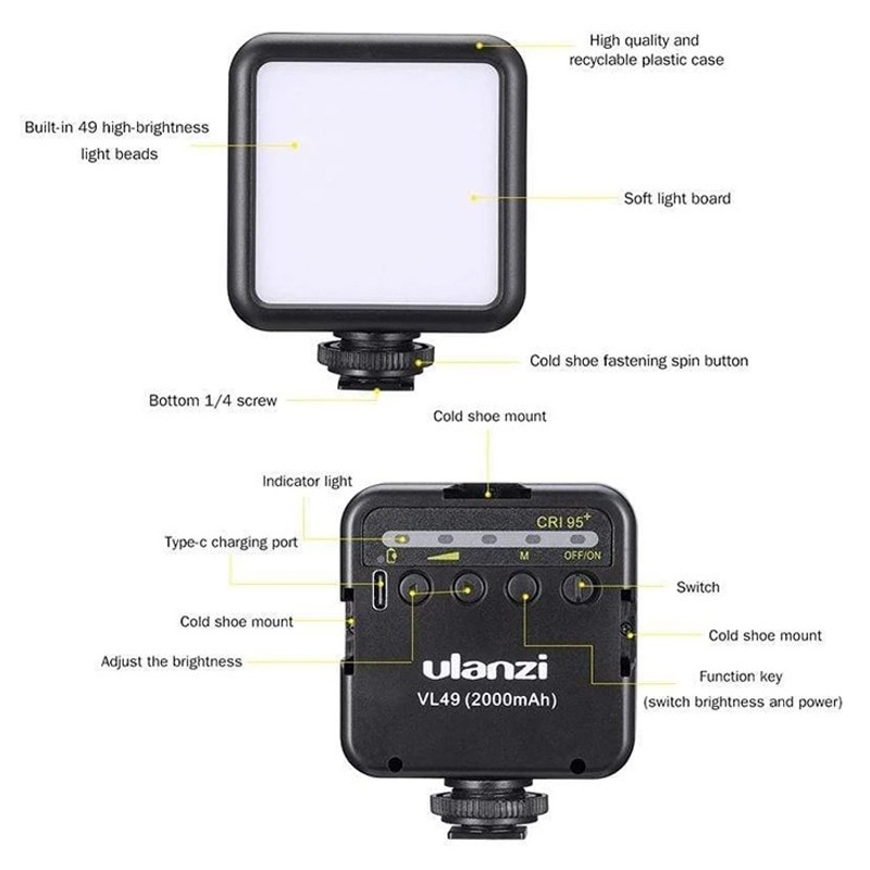 ulanzi-vl49-สีดำ-mini-led-video-light-ไฟ-led-ขนาดพกพา-มาพร้อมแบตเตอรี่ในตัว-ขนาด-2000-mah