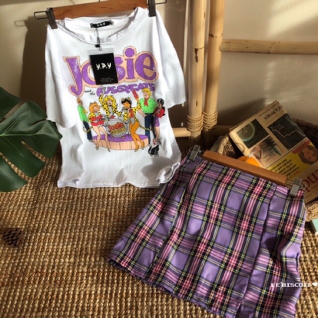 ชุดเซ็ทน่ารักๆ-เสื้อลายjosie-กระโปรงลายสก็อตงานซิปหลัง-ใครสาวกสีม่วงมาตำได้เลยจ้า