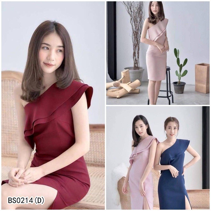 bs0214-dress-ชุดแซกออกงานเรียบหรู-ระบายไหล่-2-ชั้น