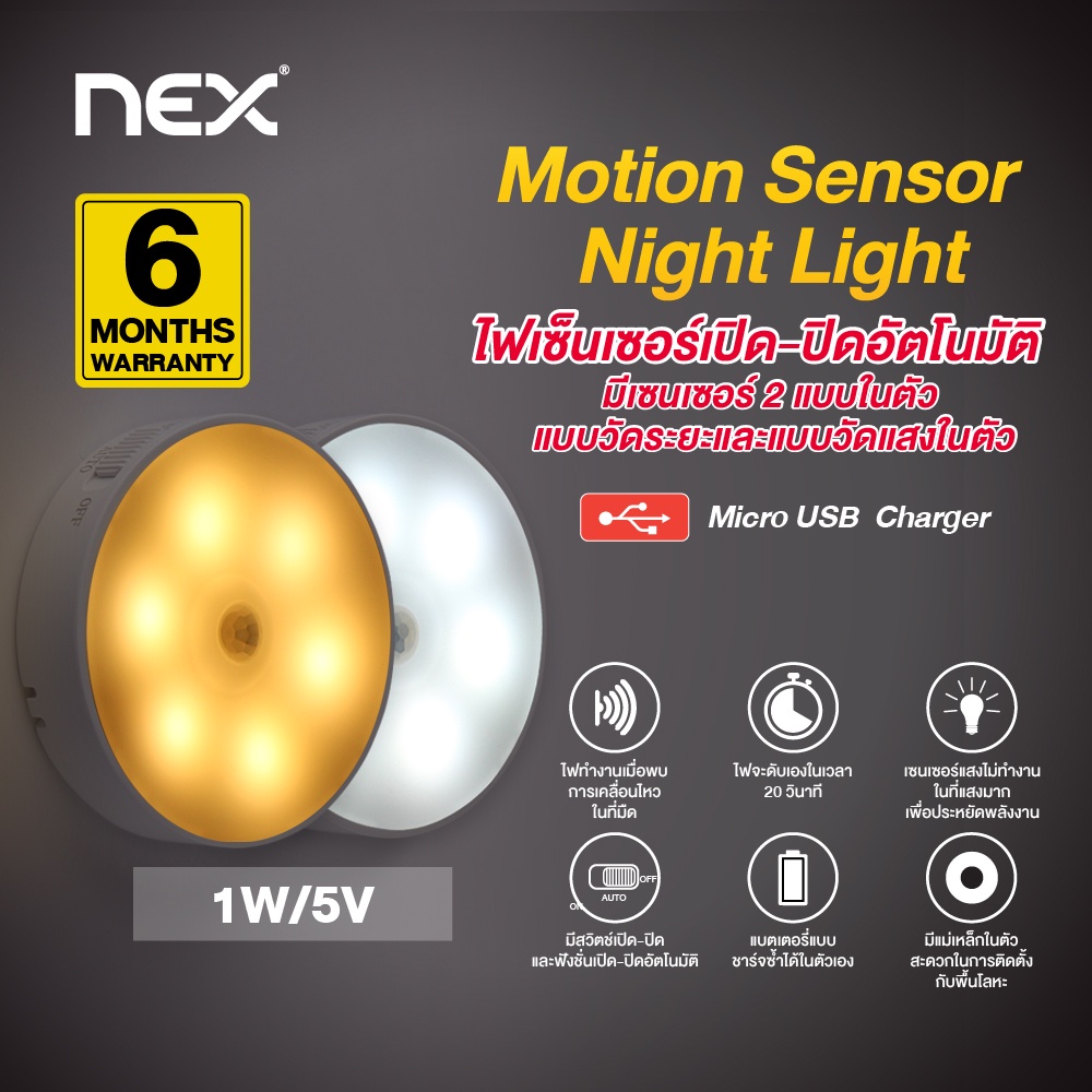 ภาพหน้าปกสินค้าNEX LED Motion Sensor Night Light ไฟทางเดิน โคมไฟไร้สาย ดวงไฟ ไฟเซ็นเซอร์ เปิด-ปิดอัตโนมัติ รับประกัน 6 เดือน จากร้าน nex_inno_tech บน Shopee