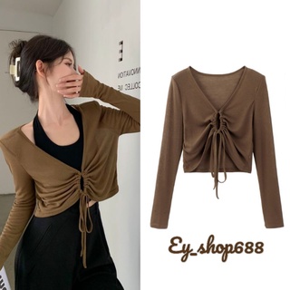 Ey_shop688#พร้อมส่ง✨12336#เสื้อแฟชั่นผ้าไหมพรมเเต่งหว่ง #เสื้อเกาหลีด้านหน้าเชือกปรับได้