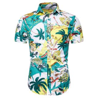 2019 เสื้อเชิ้ตแขนสั้นลําลอง ผ้าลินิน สไตล์ฮาวาย แฟชั่นใหม่ สําหรับผู้ชาย