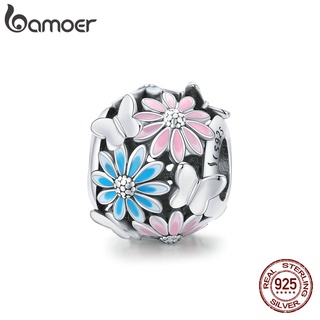 Bamoer 100% Sterling Silver 925 Hollow Daisy Charm Colored Round Bead Pendant Fit Bracelet DIY Fashion Accessories SCC1837