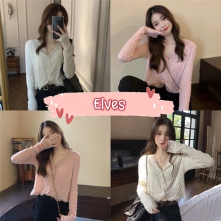 Elves✨พร้อมส่ง✨  เสื้อไหมพรมแขนยาวคอวี ผ้าลายเล็กๆซีทรูเบาๆ สีน่ารักมาก ~8K43~