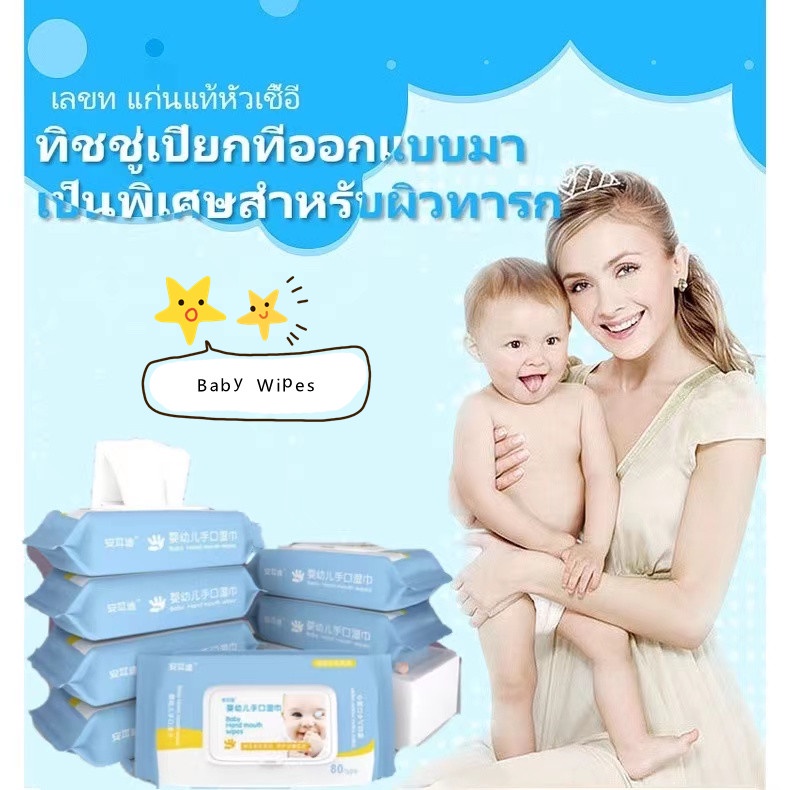 ภาพหน้าปกสินค้าทิชชู่เปียกเด็ก Baby Wipes กระดาษทิชชู่เปียก 1 ห่อ 80 ชิ้น สูตรอ่อนโยน นุ่มสบาย ไม่ระคายเคือง ไม่มีน้ำหอม